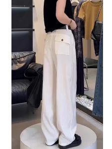 กางเกงขายาวทรงหลวมเอวสูงผ้าลินินบางสำหรับฤดูร้อน 2024 กางเกงขายาวทรงหลวมสำหรับผู้หญิงไซส์ใหญ่ กางเกงขายาวทรงเลื่อนยาวถึงพื้นสำหรับผู้หญิง