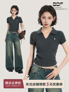 Áo Thun Cổ Chữ V Tay Ngắn Dệt Kim Ôm Vừa Vặn Màu Xám Đậm Mùa Hè Cho Nữ Áo Sơ Mi Cơ Bản Cổ Chữ V