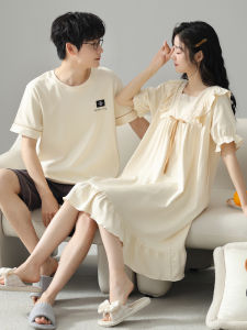 Couples Summer Cotton Pajamas Short Sleeve Home Clothes Womens Nightgown Mens Sleepwear Comfortable Breathable Lightweight