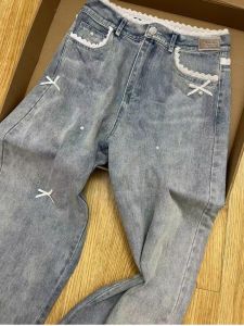 High Waist Loose Fit Straight Leg Jeans Womens Spring Autumn New Style Lace Butterfly Knot Wide Leg Pants Casual Wear