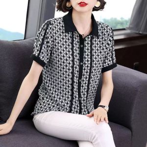 เสื้อชีฟองผู้หญิงลายสก๊อตพันตัวเสื้อมีปกเสื้อเชิ้ตแขนสั้นบางตะวันตกใหม่ฤดูร้อน