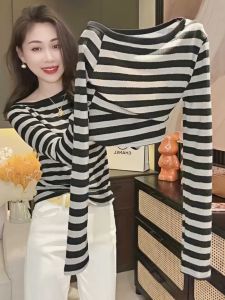 Womens Slim Fit Long Sleeve Striped T-Shirt Base Shirt Commute Style High Waist round Neck Top Breathable Comfortable Korean Version