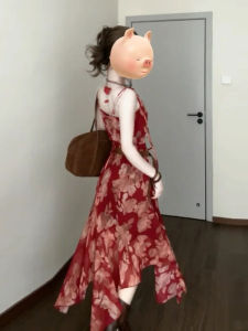 Unique Beautiful Irregular Floral Red Bikini Summer Vacation Style Sisters Dress Shoulder Baring Waist Cinched Sleeveless City Commute