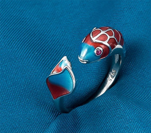 Retro Silver Lotus Fish Open Ring Antique Silver Plated Tiandi Blue Alloy Ring Fashionable Jewelry for Women Outlined