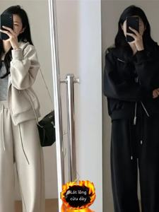 Bộ Đồ Thể Thao Dài Tay Lót Lông Cừu Ấm Áp Bộ Đồ Hai Mảnh Thoải Mái Cho Nữ Mùa Thu Đông Bộ Đồ Trà Giản Dị