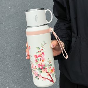 VRIUKNT | 1pc Chinese-style red plum blossom powder peach blossom 600ml/800ml stainless steel water bottle - High appearance quality cup