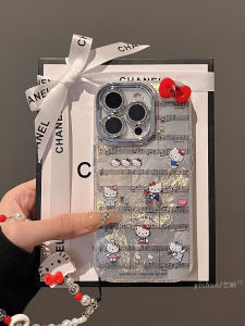  17Pro Max 16ProMax 15 14Plus New Model Silicone Phone Case Cartoon Kitty Cat Five-Line Music Score Full Lens Protection