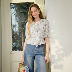 XIANGYING | Ruffle Hem Dots Pattern V-Neck Waist Cinched French Style Commuter Blouse