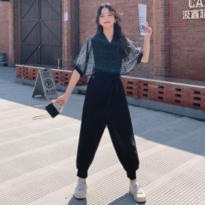New Chinese Style Womens Romper Suit Summer 2025 Elegant Ageless High Waist Long Pants with Belt And Pockets Thin Fabric