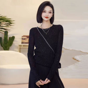 Slim Fit round Neck Long Sleeve Ice Silk Knitted T-Shirt Womens Top Starry Sky Sparkle Ice Silk Commute Style Regular Length