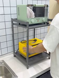 2/3 Layer Microwave Oven Rack Organizer Kitchen Pull Out Rack Organizer Microwave Stand Countertop Adjustable Height Expandable Carbon Steel Storage Shelf Free Hooks