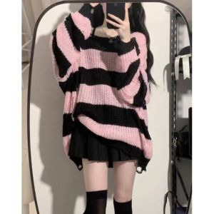 Spring Autumn New Black Pink Sweater Womens Spring and Autumn Medium Long Loose Lazy Style Striped Knitted Sweater Top