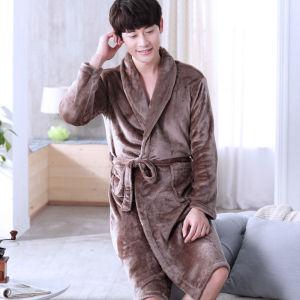 Thick Coral Fleece Robe for Men Autumn Winter Spring Style Morning Robe Flannel Set Bath Robe Long Coat Youth Polyester Fiber