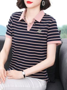 Ladieswear Summer Purified Cotton Short Sleeve T-Shirt Womens Loose Plus Size Stripes Casual Polo Shirt for Middle-Aged and Elderly People Anti-Aging Top