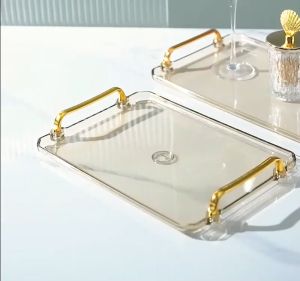 【Ready STOCK】【COD】Elegant Nordic Transparent Gold Double Ear Handle Multipurpose Tray Home Storage