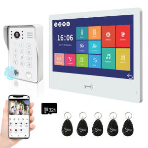 ชุดวิดีโออินเตอร์คอมหน้าประตู Wifi 1080P ป้องกันสำหรับความปลอดภัยในบ้าน10นิ้วการ์ดรหัสผ่านโดยใช้ลายนิ้วมือกระดิ่งประตูปลดล็อก5in1