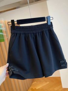 Fat mm 150.00kg Plus Size New Chinese Style National Style Buckle Black Shorts Womens Summer Loose Casual Wide Leg Hot Pants
