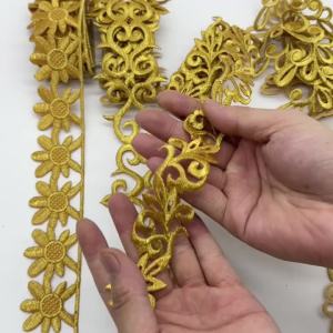1M/4M Gold Embroidery Applique Trim 3.5/7.6cm Iron On Lace Ribbon for Bridal Gown Dress Hem Costume Craft Decoration