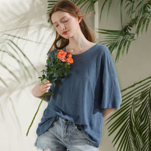 Miccbeirn | Miccbeirn Summer Pure Linen Knitted Texture Solid Color T-Shirt Loose Casual Versatile Women Short Sleeve Top Round Neck