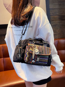 Retro Embroidered Canvas Slant Crossbody Bag Large Capacity Commuter Handbag Denim Material Youth Style Casual Shoulder Bag