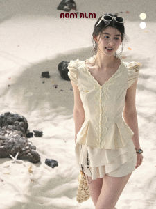 SHAOYEYAN | Áo Blouse Mùa Hè Cổ V Tay Bồng Ngắn Voan Pháp