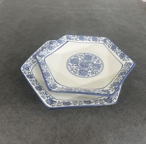 Thickened Ceramic Plate Vintage Blue And White Porcelain Hexagonal Plate Western Style Dining Utensils Chinese Style Cold And Hot Dish Plate