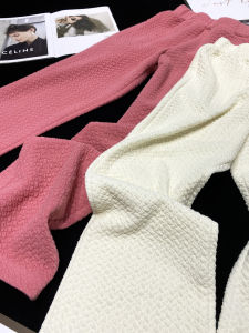 กางเกงขายาวทรงหลวมเอวสูงสำหรับผู้หญิง ผ้าฝ้ายผสมนิตถักหนา ฤดูใบไม้ร่วง/ฤดูหนาว กางเกงขายาวลำลอง ลายดอกไม้ ทรงหลวม ทรงหลวม