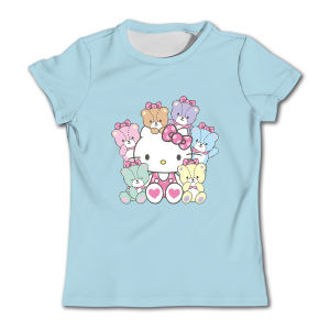 Hello Kitty แฟชั่นสาวน่ารักผ้าฝ้ายแท้พิมพ์เสื้อยืดแขนสั้น Super Mario Girls เสื้อยืดแขนสั้น