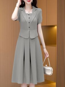 MAIMEI | Elegant Summer Chiffon Dress Womens Fashion High-End Brand Moms High-End Feeling Fake Two-Piece Set Short Sleeve A-Line Skirt