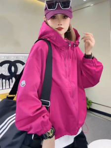 Womens Casual Hooded Jacket Spring Autumn New Korean Style Fleece Lined Windbreaker Baseball Coat Top Zipper Closure Long Sleeve