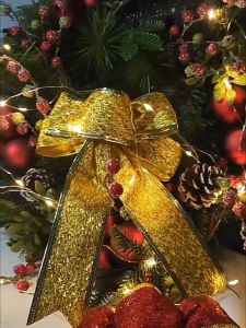 Happy Time Large 25cm Sparkling Glitter Ribbon Bow Christmas Decorations Handmade Wreath Decorative Accessories Hanging Xmas Tree Ornament Big Size Poinsettia Flower Festival Supplies Fake Artificial Silk Flower Bowknot Ribbon Gifts Wrapping