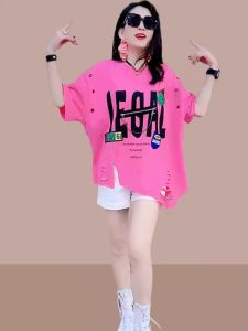 plus Size Slim Fit Short Sleeve T-Shirt Womens Summer Fashion Loose Mid-Length Asymmetrical Top Korean Style round Neck