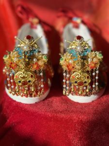 Red Wedding Shoes Womens Embroidered Chinese Style New Bride High Heel Increase Height Glue Bottom Cross Buckle Strap Fashionable