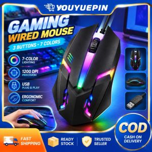 YOUYUEPIN Universal Wired Optical Mouse 1200 DPI 3 Keys Plug And Play USB Mouse For Laptop PC Gamer Colorful Breathing Light Durable 1.35m Line Length