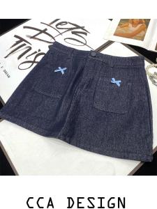 High Waist A-Line Mini Skirt Dark Blue Denim Small Bow Design Anti-Aging Trendy Skirt Womens Fashion Spring Autumn Season
