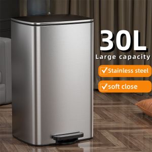 Slim Trash Can with Lid Soft Close Stainless Steel 16L/20L/30L Bathroom Garbage Can with Inner Bucket