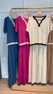 SET7043 V Contrast Knit Set Loose Top n Pants