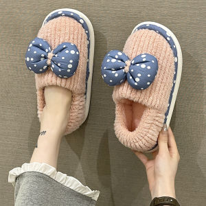 Winter Cotton Slippers Womens Cute Polka Dot Bows Stuffed Warm Postpartum Confinement Shoes Indoor Non Slip Soft Bottom Cover Heel Cotton Shoes