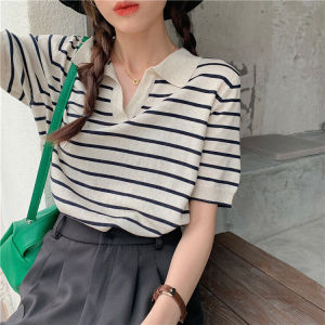 Korean Style Niche Striped Navy Lapel Women Casual Short Sleeve Knit Top