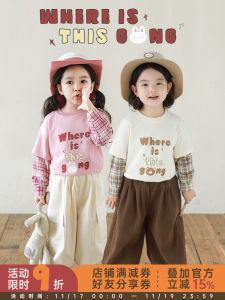 Cute Forest Animal Print Two-Piece Look Sweatshirt Casual Plaid Patchwork Spring Autumn Kids Girls Fashion Top Cotton Blend Fabric