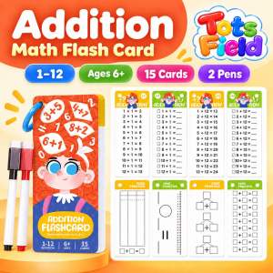 REUSABLE MATH FLASH CARD SET WITH MARKER: Fractions Addition Subtraction Division Multiplication. Ages 5-12. 15 Cards. Whiteboard Marker Included. Portable Early Learning Kids Children Math Exercise Gift Educational Travel Toy