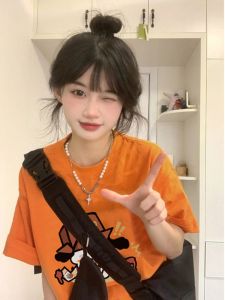 Orange Short Sleeve T-Shirt Womens Summer Loose Fit Dopaamine Style Small Size Trendy Top Korean Style Cotton Pure Print