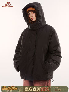 Beetle Town Hooded Workwear down Jacket Winter Loose Windproof Fleece Lined Thickened Warm Outerwear for Men And Women