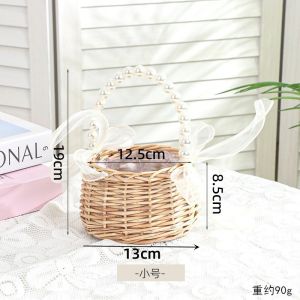 One wicker rattan flower child Basket with Pearl handle and bow Hand woven Easter basket Wicker basket for Weddings (brown)