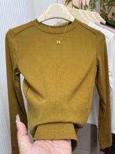 สลิมฟิต ผู้หญิง ผ้าถัก เสื้อท่อนบน คอกลม แขนยาวบาง ทันสมัย เสื้อชั้นใน ฤดูใบไม้ผลิ ฤดูใบไม้ร่วง เสื้อตัวใน มีสไตล์ คอกลม เสื้อสเวตเตอร์