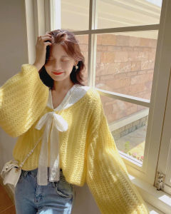 เสื้อสเวตเตอร์ถักแขนพองสไตล์เกาหลี ทรงหลวม คอปก ผูกโบว์ผีเสื้อ ทรงเข้ารูป แขนยาว ปกติ ปกติ ปกติ ปกติ