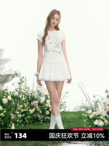 AYF Cloud under White Peony Summer New Style Womens Slim Fit round Neck Short Sleeve T-Shirt Creative Print Knitted Cotton Blend