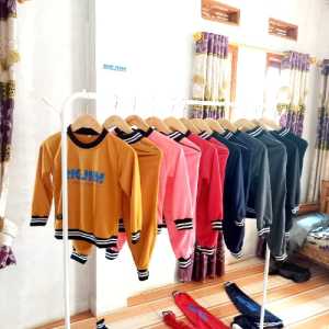 RIGJHM Terlaris!!! Kekinian Setelan Anak Usia 1-12 tahun Baju anak Laki-laki dan Anak Perempuan Stelan Jogger Anak Murah Kaos Anak Bahan Babyterri Baju Olahraga Setelan Trening Warna Merah Abu BIru Tua Dan Kuning