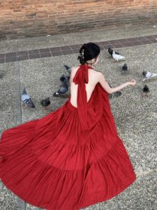 French Style Pure Desire Backless Strap Hanging Neck Dress Women Summer High End Red Beach Vacation Photography Long Dress