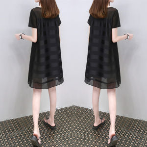 Summer 2025 Korean Style plus Size Striped Dress Womens Fashion Black Loose A-Line Skirt Commute round Neck Short Sleeve